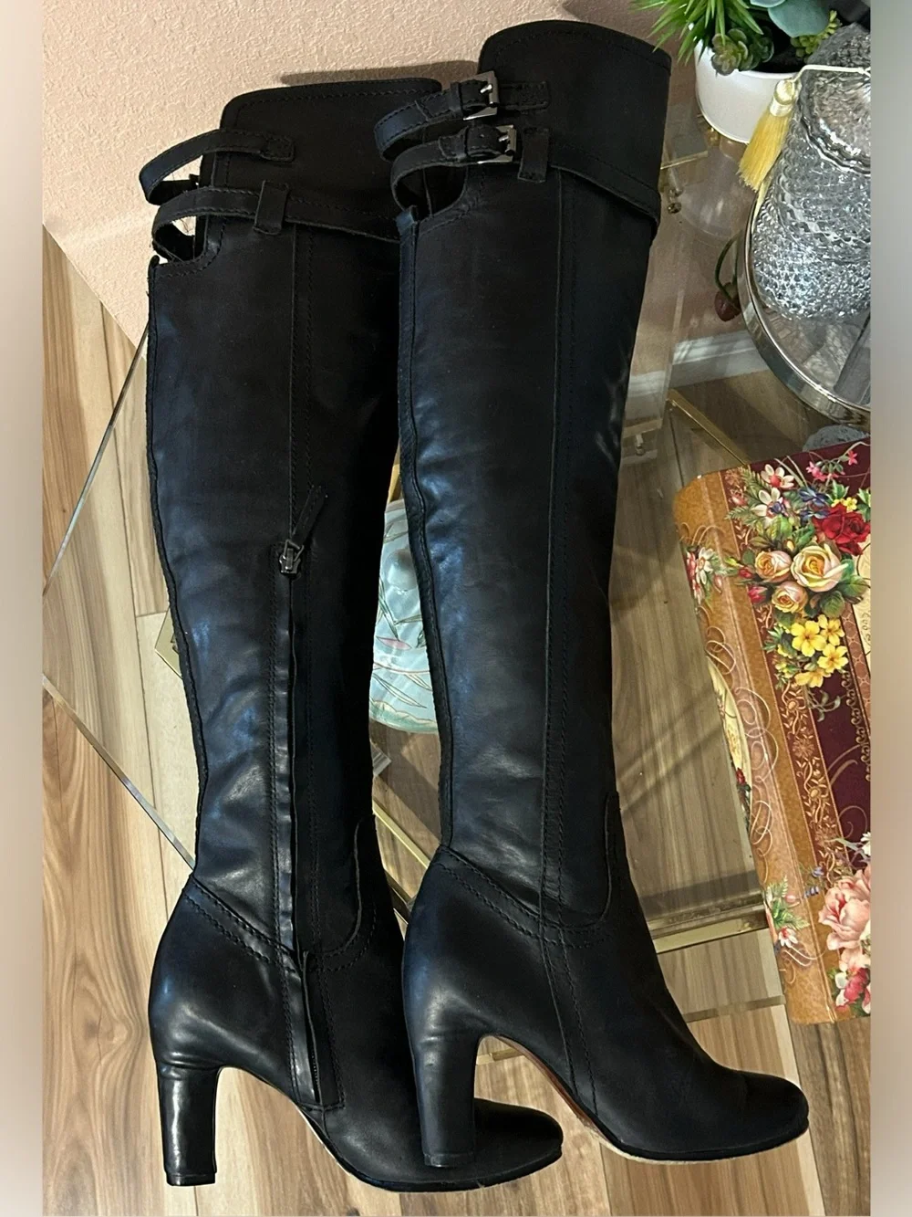 Sam Edelman Black Leather Over-the-Knee Heeled Boots Size 5.5/36